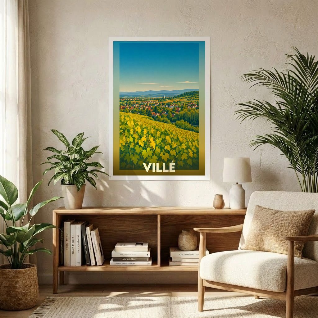 Affiche souvenir de la ville de Villé présentant une illustration stylisée de ses vignobles et de ses paysages.