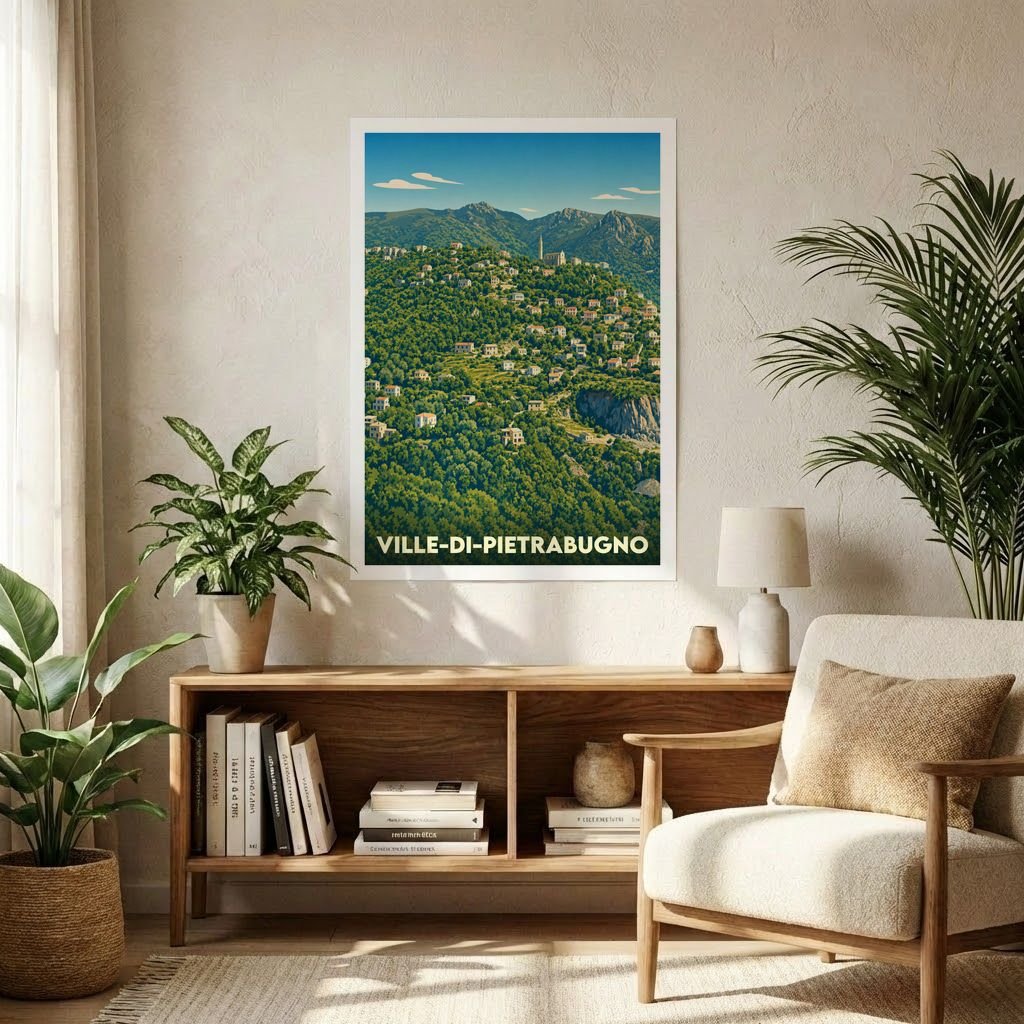 Affiche souvenir de la ville de Ville-di-Pietrabugno avec une illustration panoramique stylisée.