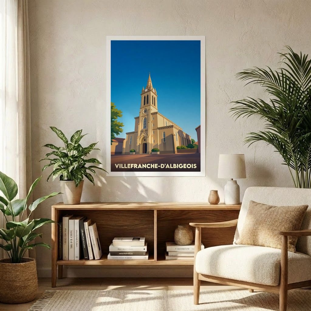 Affiche souvenir de la ville de Villefranche-d’Albigeois avec une illustration stylisée de son église sous un ciel bleu.