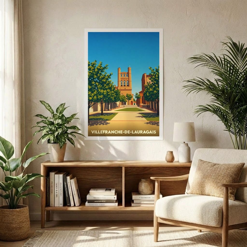 Affiche souvenir de la ville de Villefranche-de-Lauragais avec une illustration stylisée de son église et d'une allée arborée.