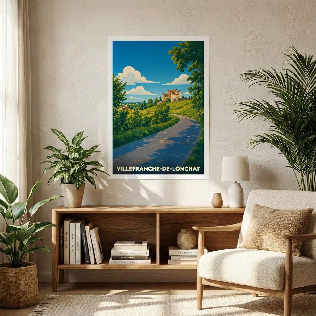 Affiche souvenir de la ville de Villefranche-de-Lonchat avec une illustration de paysage champêtre stylisée.