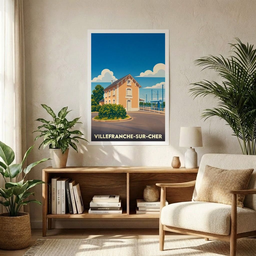 Affiche souvenir de la ville de Villefranche-sur-Cher avec une illustration stylisée d'une gare sous un ciel bleu.