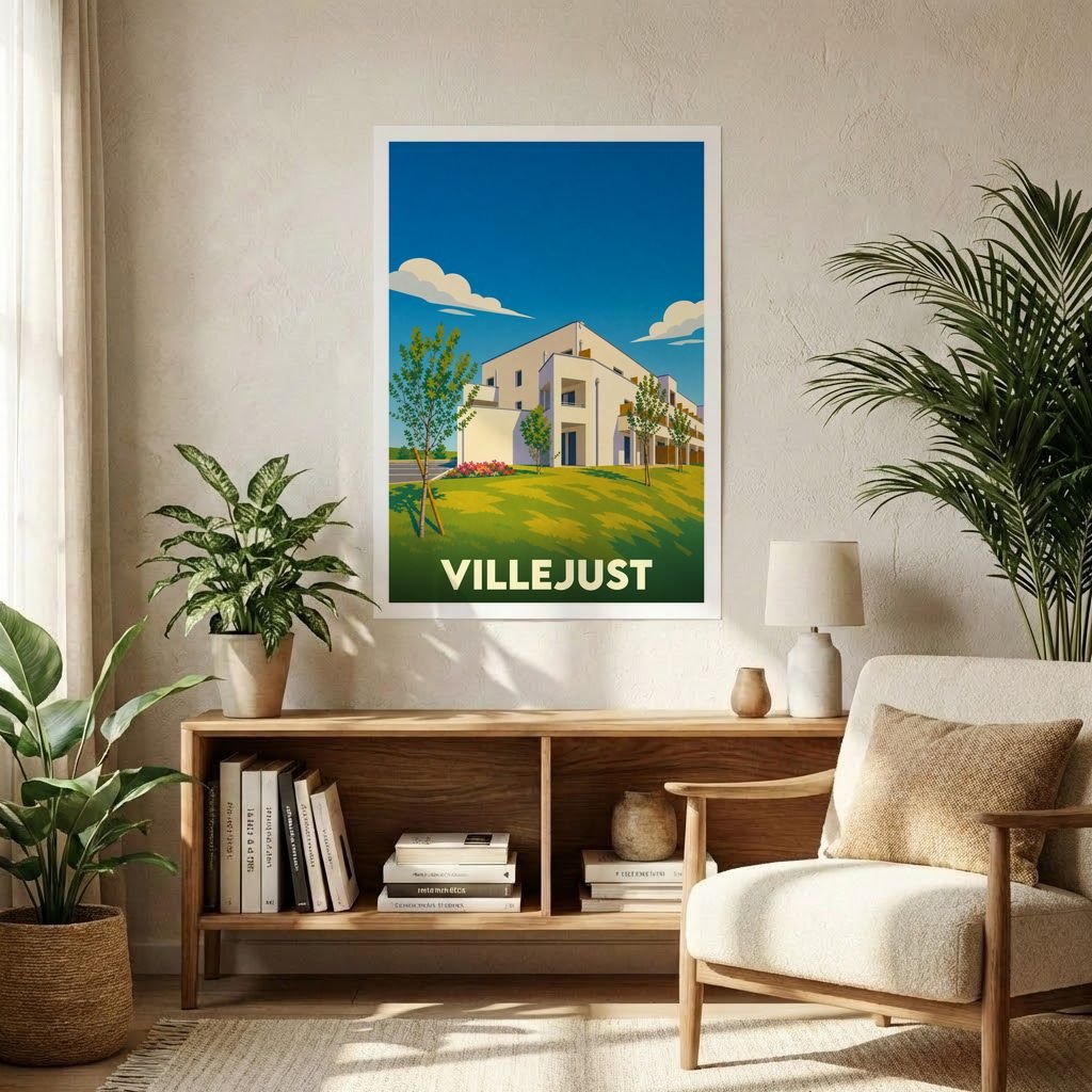 Affiche souvenir de la ville de Villejust avec une illustration stylisée d'un bâtiment moderne sous un ciel bleu.