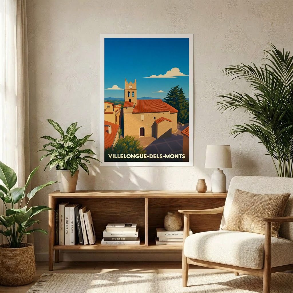 Affiche souvenir de la ville de Villelongue-dels-Monts avec une illustration stylisée de son église sous un ciel bleu.