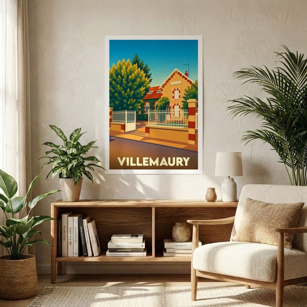 Affiche souvenir de la ville de Villemaury avec une illustration stylisée et colorée d'une maison de caractère.