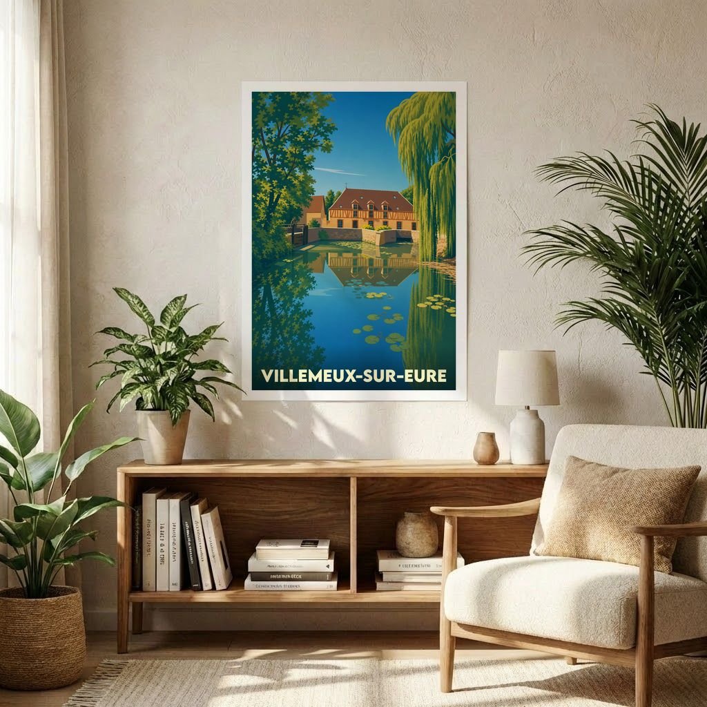 Affiche souvenir de la ville de Villemeux-sur-Eure avec une illustration stylisée d'un moulin au bord de l'eau.