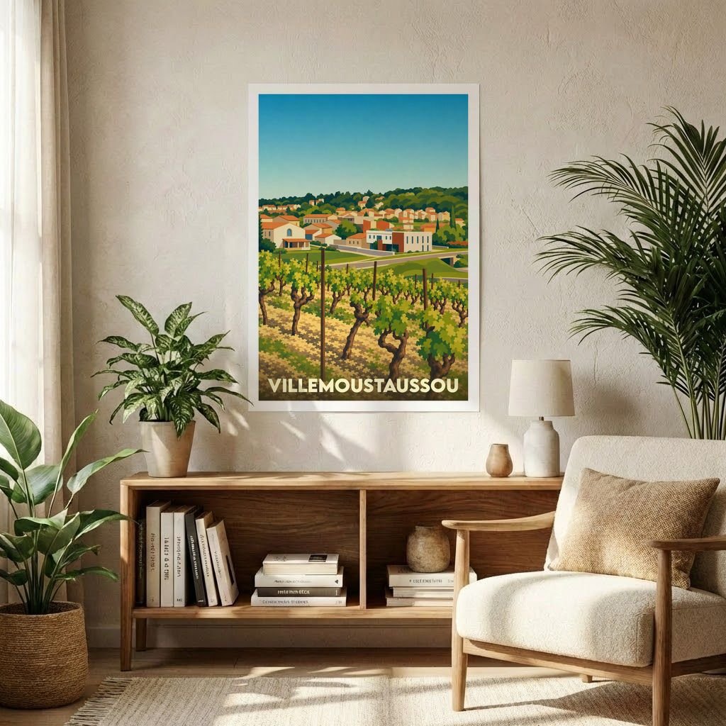 Affiche souvenir de la ville de Villemoustaussou avec une illustration stylisée de son vignoble.