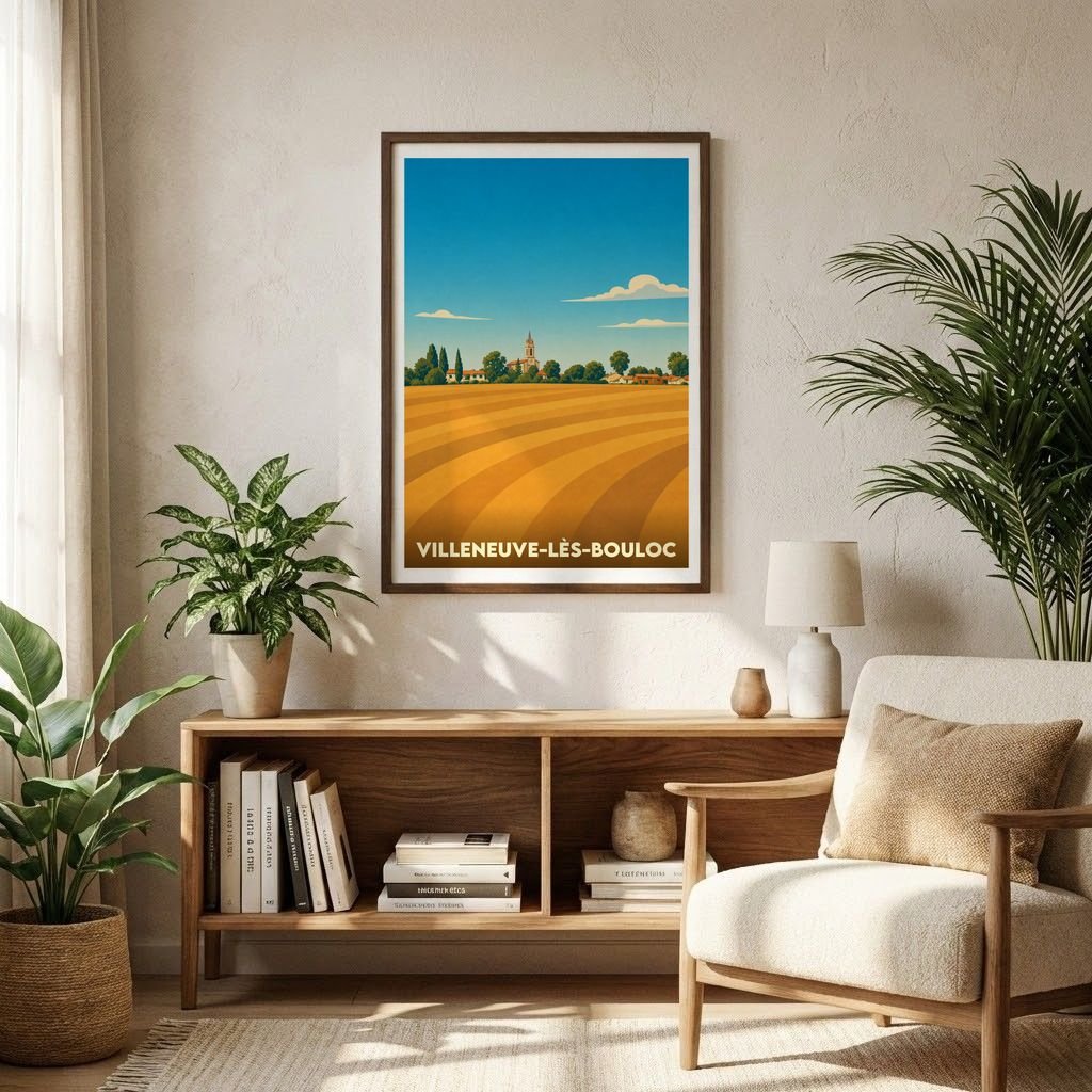 Affiche souvenir de la ville de Villeneuve-lès-Bouloc avec une illustration stylisée de champs dorés.