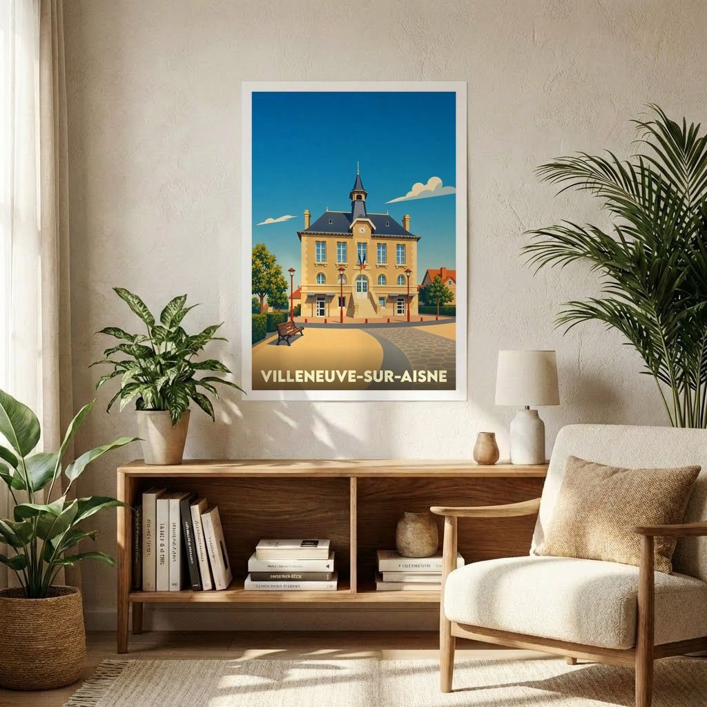 Affiche souvenir de la ville de Villeneuve-sur-Aisne avec une illustration stylisée de sa mairie.