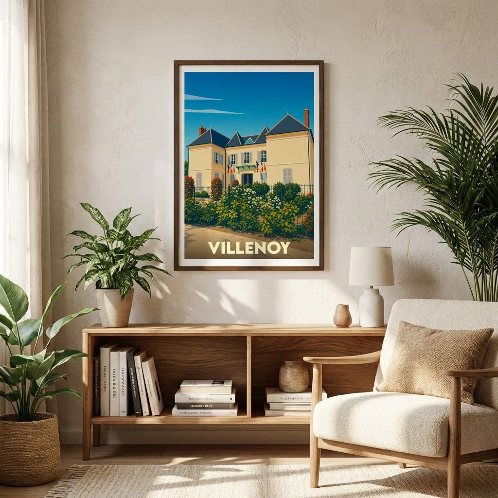 Affiche souvenir de la ville de Villenoy avec une illustration stylisée d'une demeure bourgeoise.