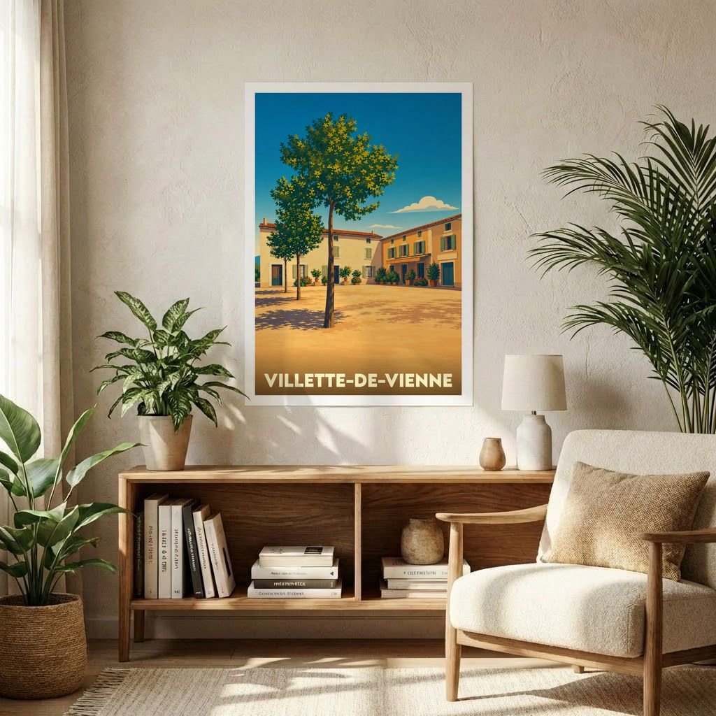 Affiche souvenir de la ville de Villette-de-Vienne avec une illustration stylisée d'une place ensoleillée.