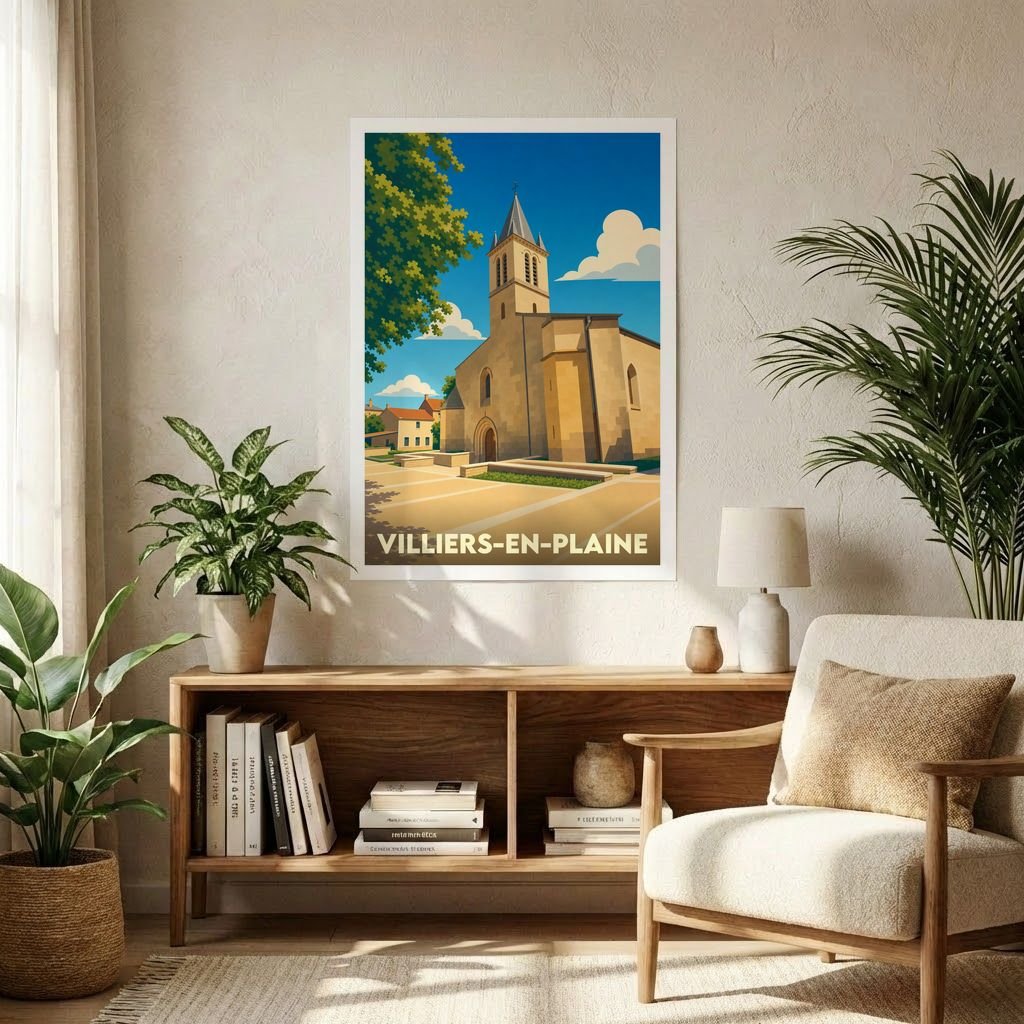 Affiche souvenir de la ville de Villiers-en-Plaine avec une illustration stylisée de son église.