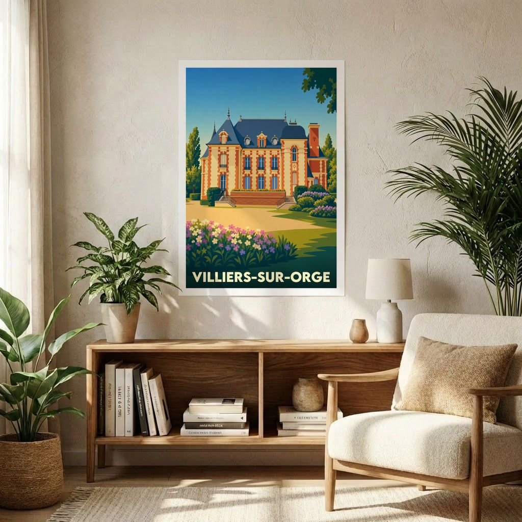 Affiche souvenir de la ville de Villiers-sur-Orge avec une illustration stylisée d'un château et de ses jardins.