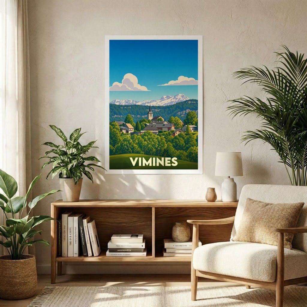 Affiche souvenir de la ville de Vimines avec une illustration de paysage montagneux stylisée.
