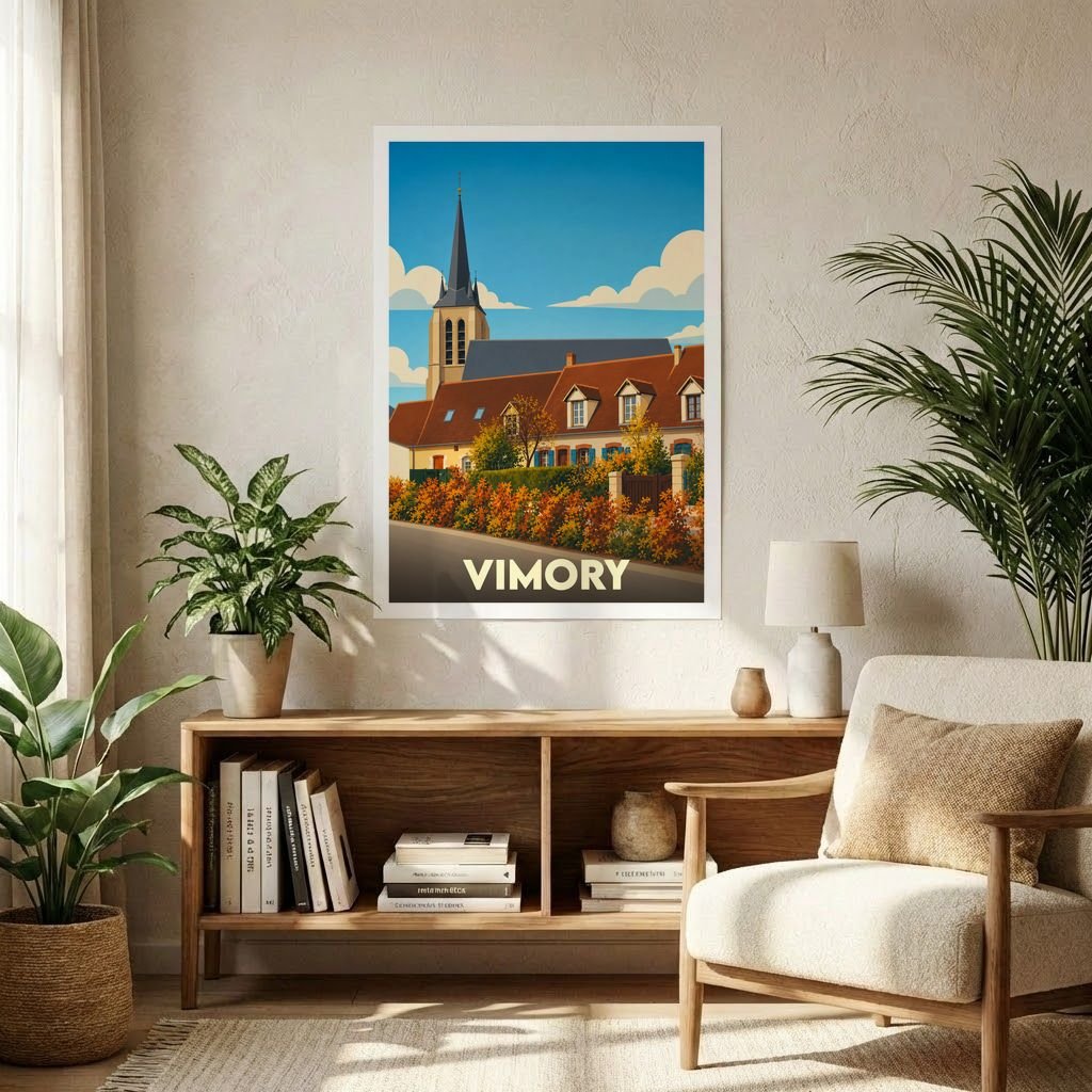 Affiche souvenir de la ville de Vimory présentant une illustration stylisée de son église et de ses maisons traditionnelles.