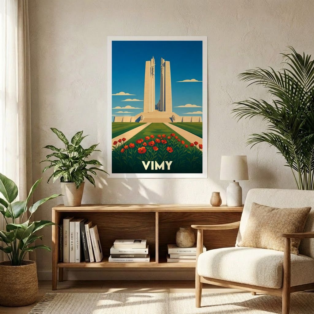 Affiche souvenir de la ville de Vimy représentant le mémorial canadien entouré de coquelicots dans un style graphique rétro.
