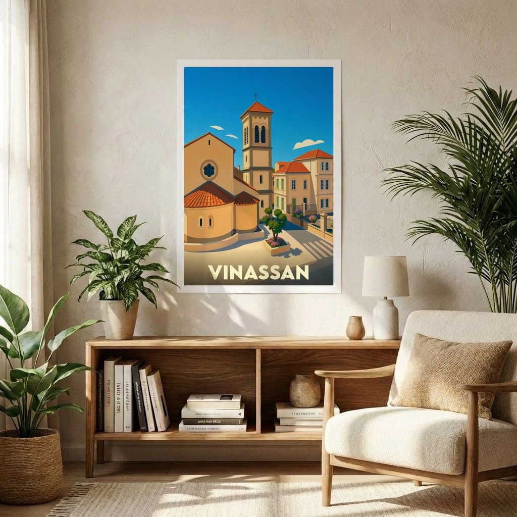 Affiche souvenir de la ville de Vinassan avec une illustration stylisée de son église et de ses maisons ensoleillées.