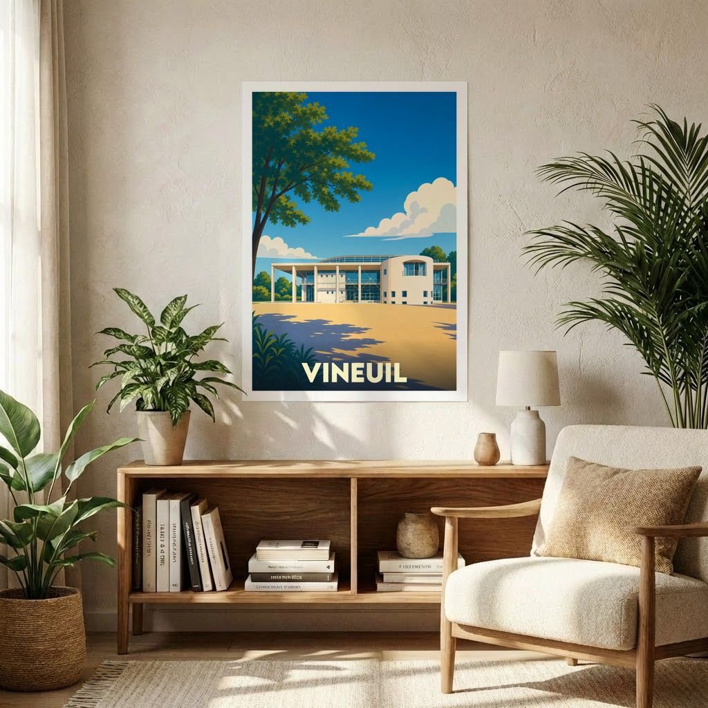 Affiche souvenir de la ville de Vineuil présentant une illustration stylisée d'un bâtiment moderne sous un ciel ensoleillé.