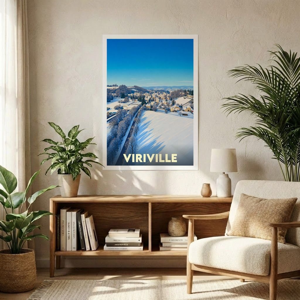 Affiche souvenir de la ville de Viriville présentant un paysage hivernal enneigé sous un ciel bleu.