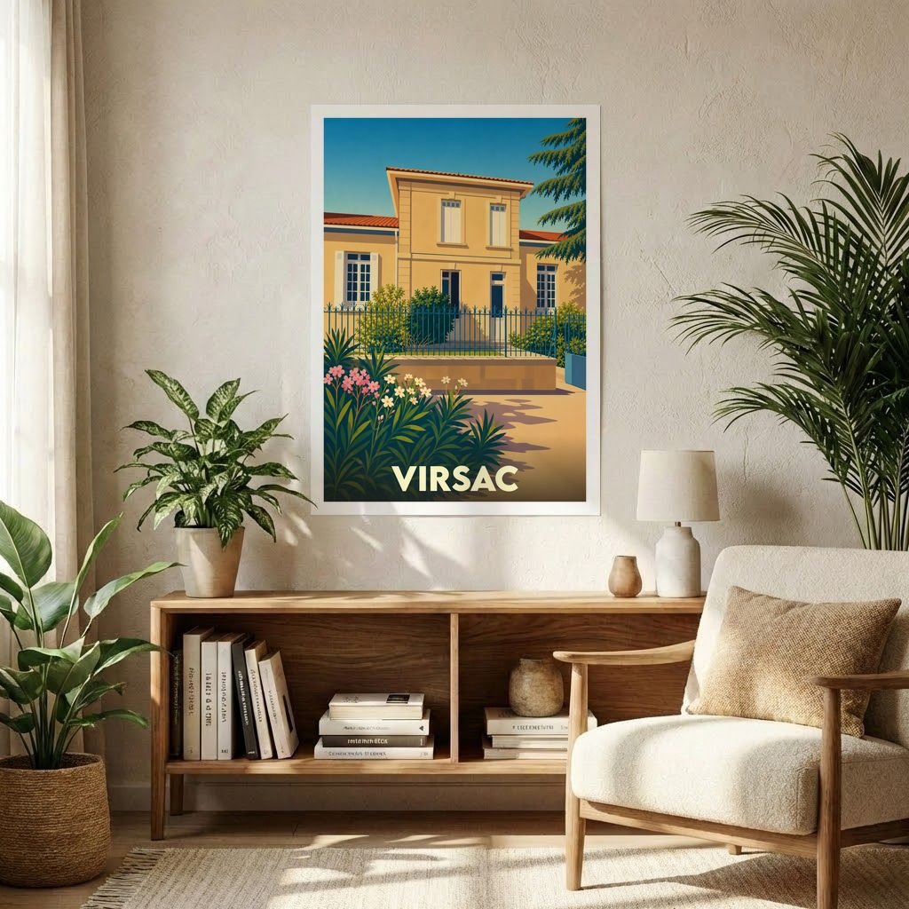 Affiche souvenir de la ville de Virsac avec une illustration stylisée d'une maison ensoleillée et de fleurs.