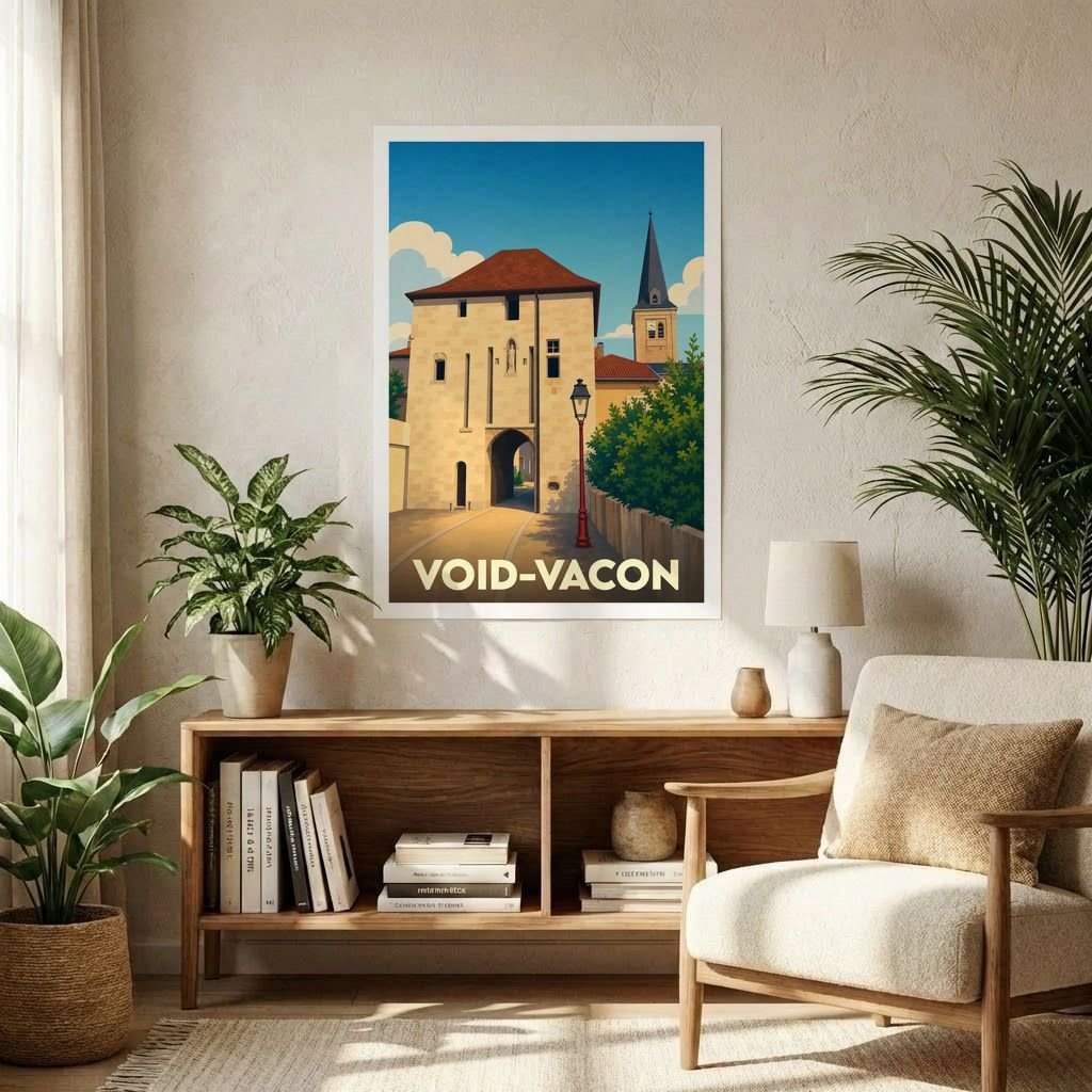 Affiche souvenir de la ville de Void-Vacon avec une illustration stylisée de son patrimoine historique.