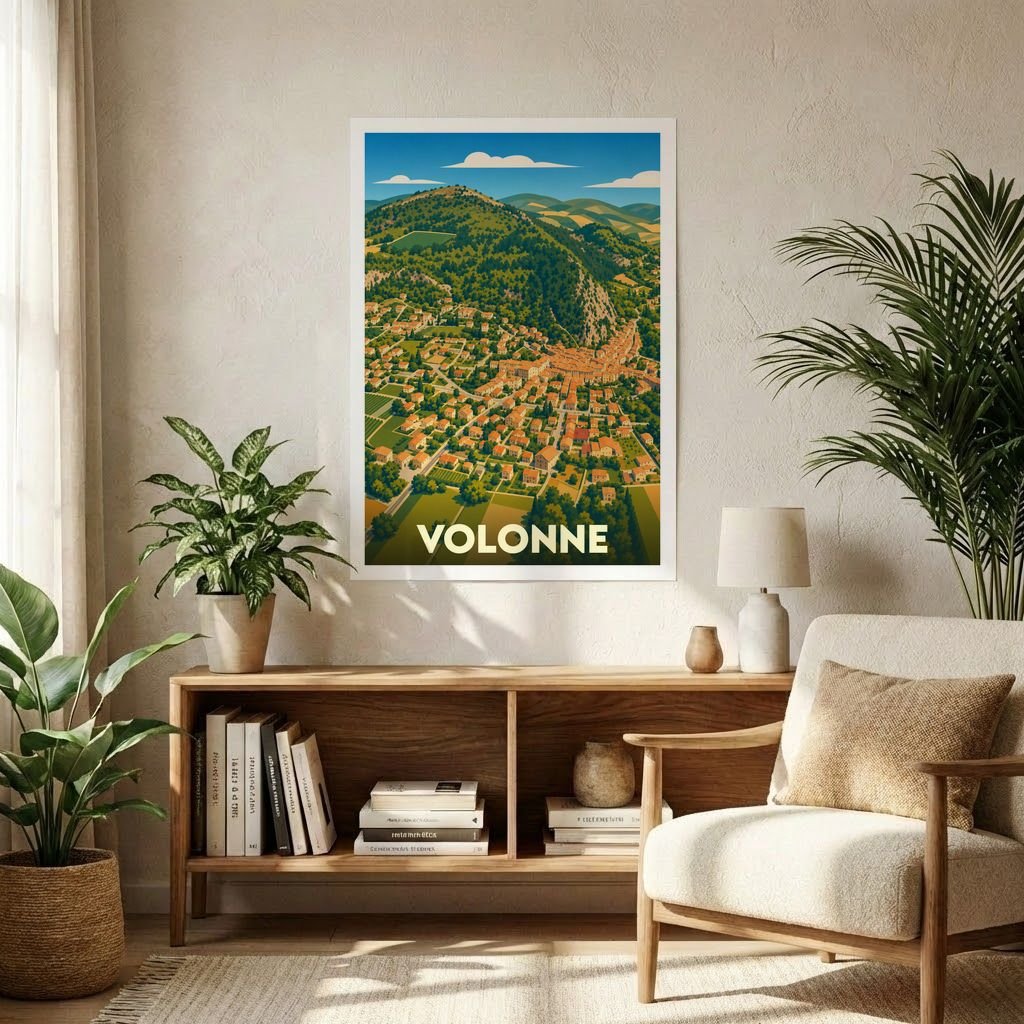 Affiche souvenir de la ville de Volonne présentant une vue panoramique illustrée et colorée.