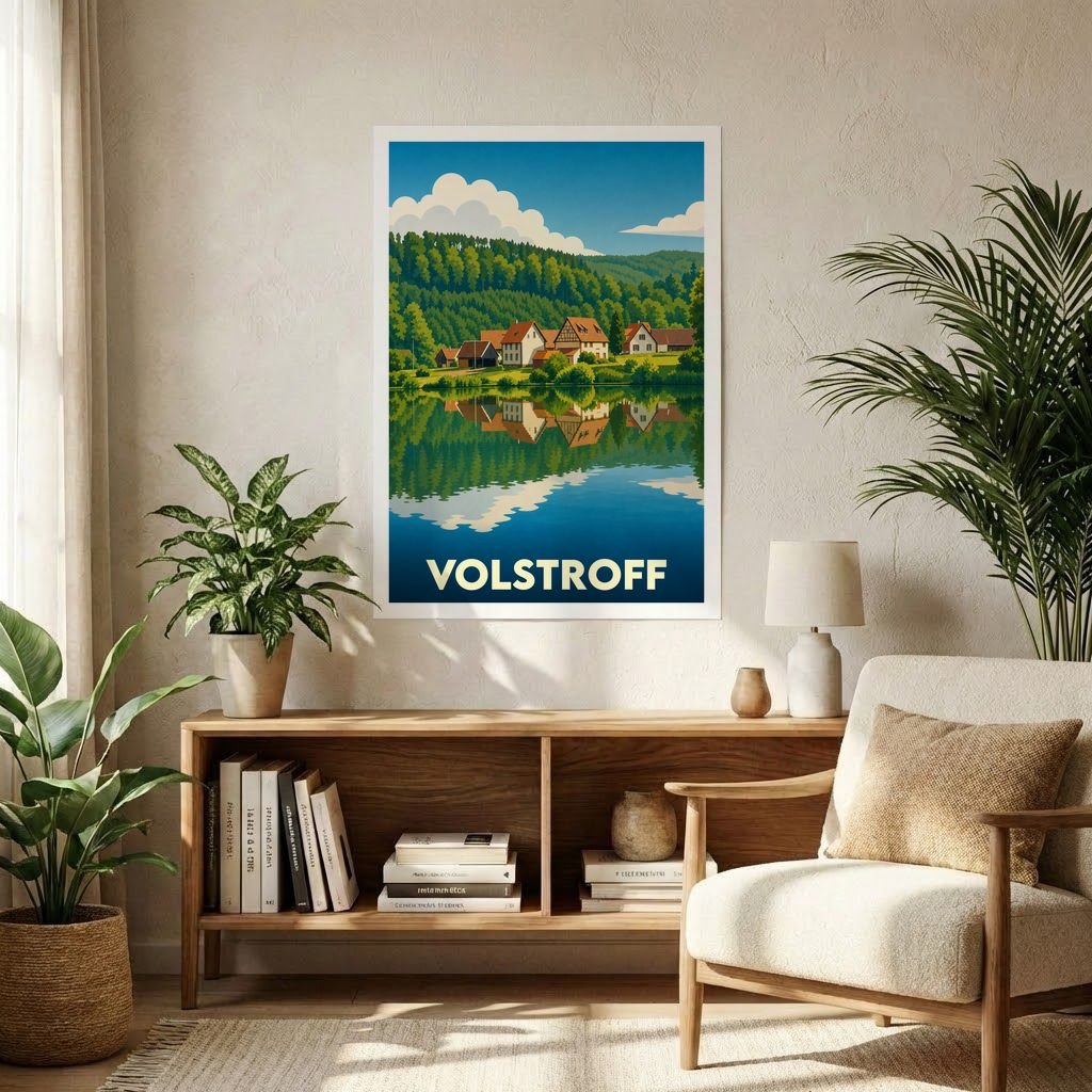 Affiche souvenir de la ville de Volstroff avec une illustration stylisée de maisons au bord de l'eau.