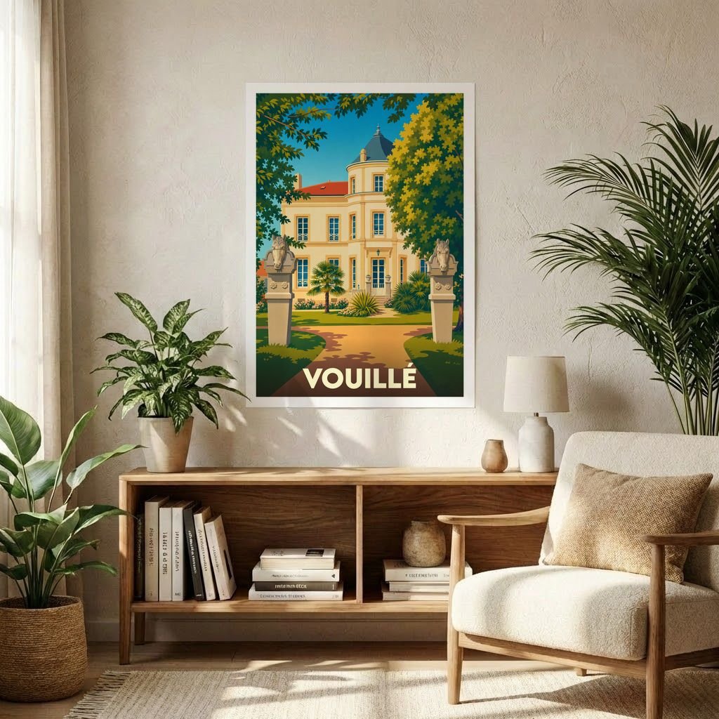 Affiche souvenir de la ville de Vouillé présentant une illustration stylisée d'un château entouré de verdure.