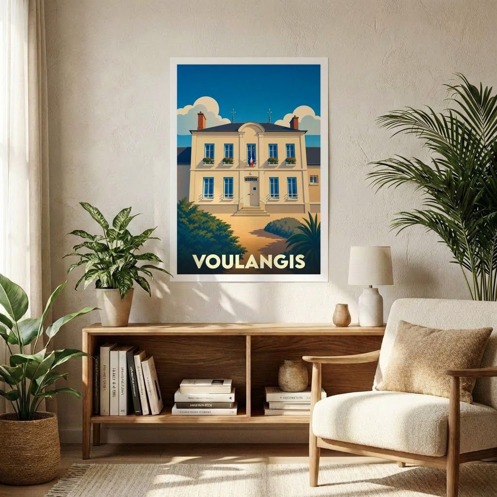 Affiche souvenir de la ville de Voulangis avec une illustration stylisée de sa mairie.
