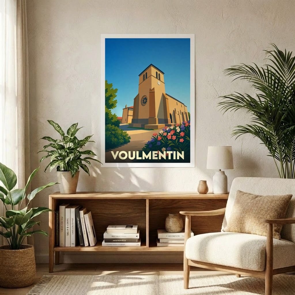 Affiche souvenir de la ville de Voulmentin présentant une illustration stylisée de son église sous un ciel bleu.