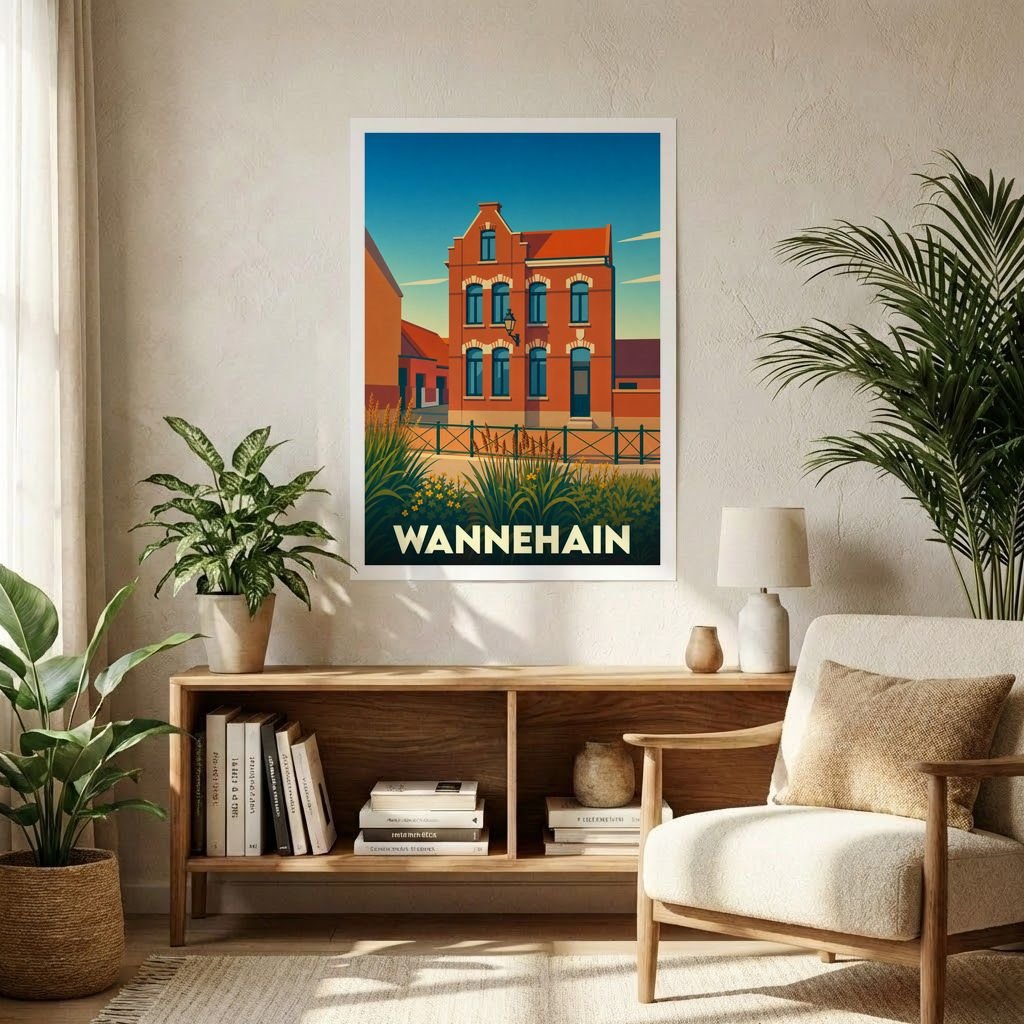 Affiche souvenir de la ville de Wannehain avec une illustration stylisée d'une maison de briques rouges typique.