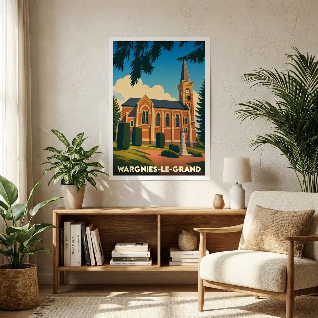 Affiche souvenir de la ville de Wargnies-le-Grand avec une illustration stylisée de son église.