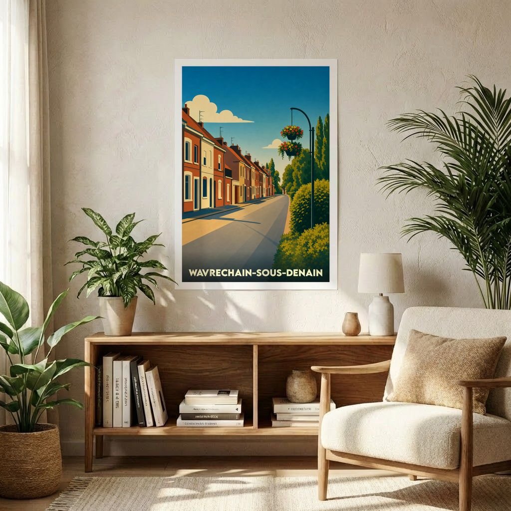 Affiche souvenir de la ville de Wavrechain-sous-Denain avec une illustration stylisée d'une rue bordée de maisons en briques.
