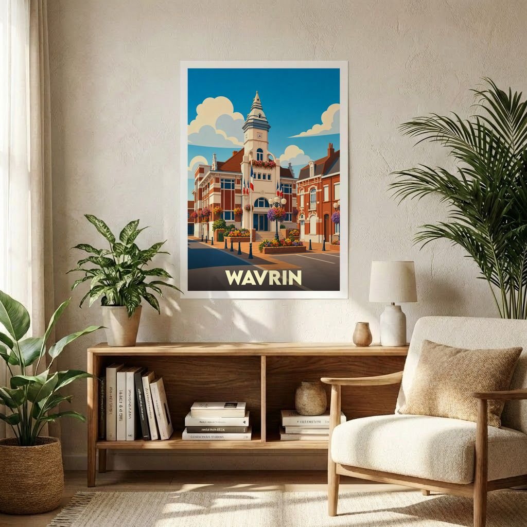 Affiche souvenir de la ville de Wavrin présentant une illustration stylisée de son hôtel de ville sous un ciel azuré.