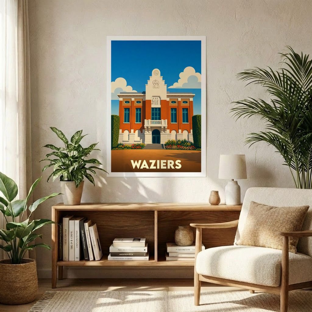 Affiche souvenir de la ville de Waziers avec une illustration stylisée de son hôtel de ville.