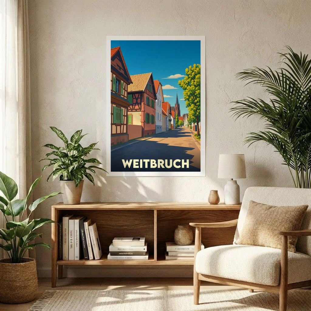 Affiche souvenir de la ville de Weitbruch avec une illustration stylisée de ses maisons à colombages.