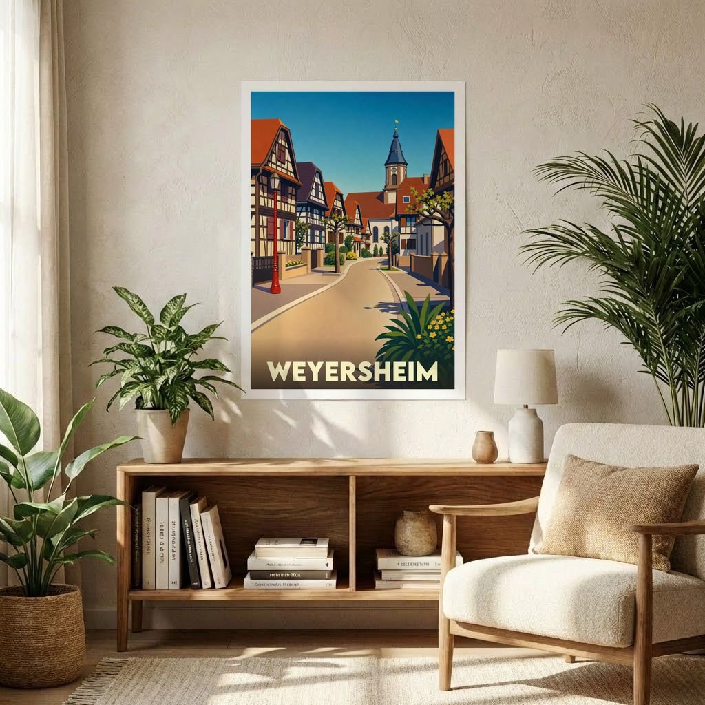 Affiche souvenir de la ville de Weyersheim avec une illustration stylisée de ses maisons à colombages et de son église.