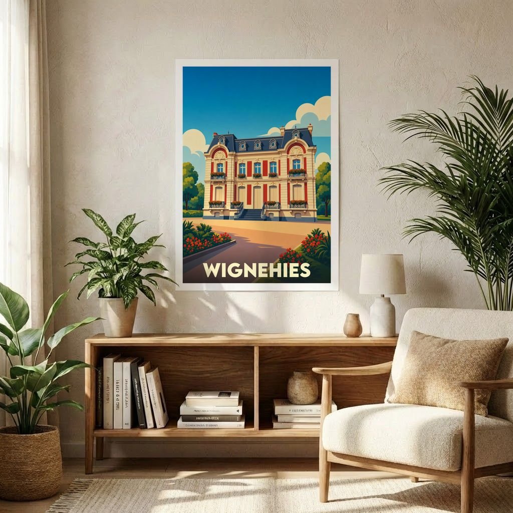 Affiche souvenir de la ville de Wignehies présentant une illustration stylisée d'une élégante bâtisse traditionnelle.
