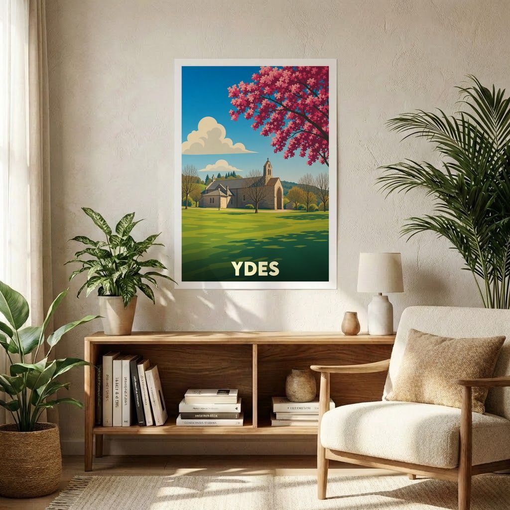 Affiche souvenir de la ville de Ydes présentant une illustration stylisée d'une église sous un arbre en fleurs.