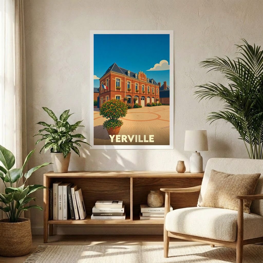 Affiche souvenir de la ville de Yerville avec une illustration stylisée d'un bâtiment historique.