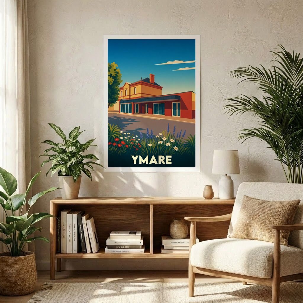 Affiche souvenir de la ville d'Ymare avec une illustration stylisée et colorée.