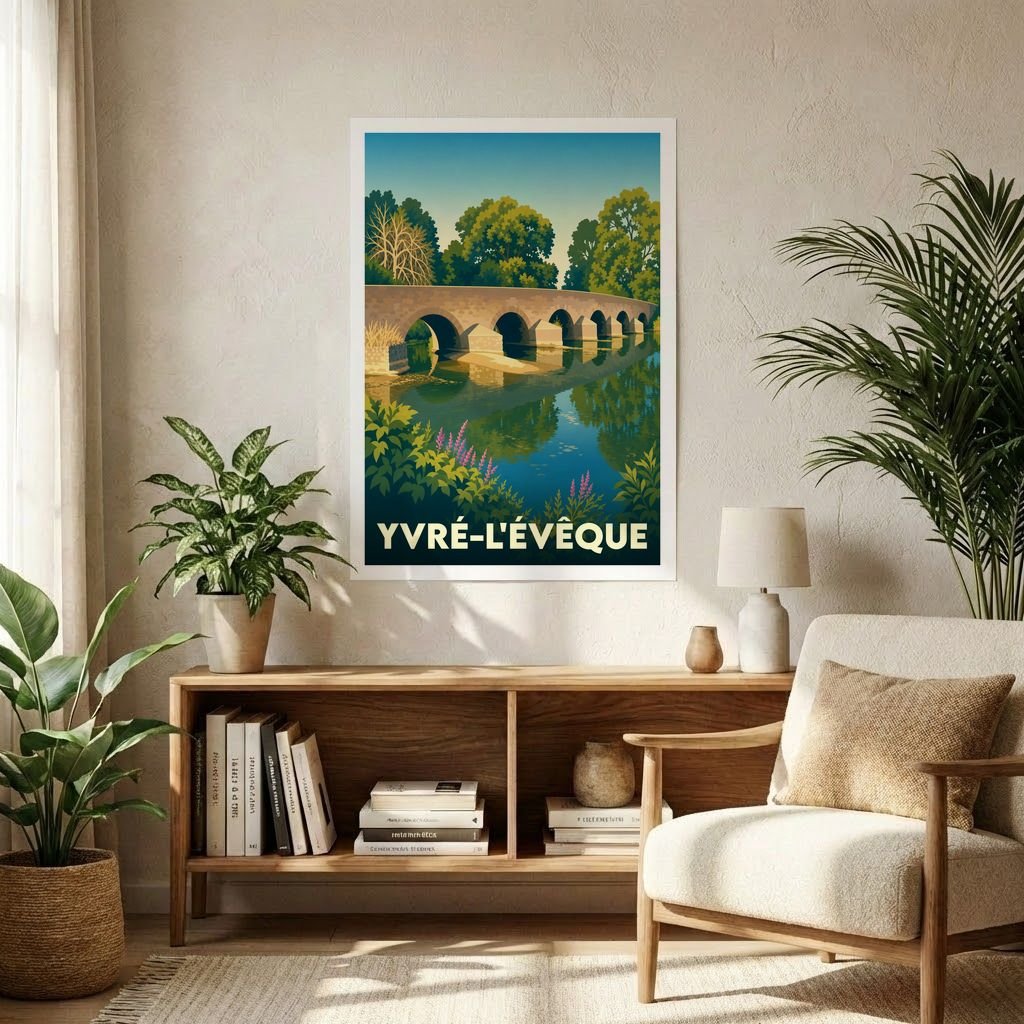 Affiche souvenir de la ville de Yvré-l'Évêque avec une illustration stylisée de son pont historique.