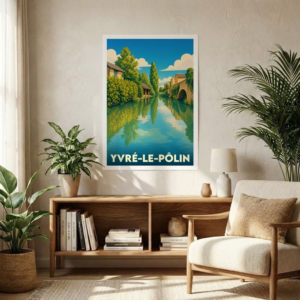 Affiche souvenir de la ville de Yvré-le-Pôlin représentant une illustration stylisée d'un canal et d'un pont en pierre.