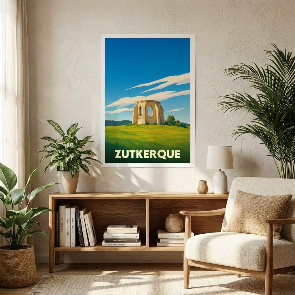 Affiche souvenir de la ville de Zutkerque avec une illustration stylisée d'un monument historique dans un paysage verdoyant.
