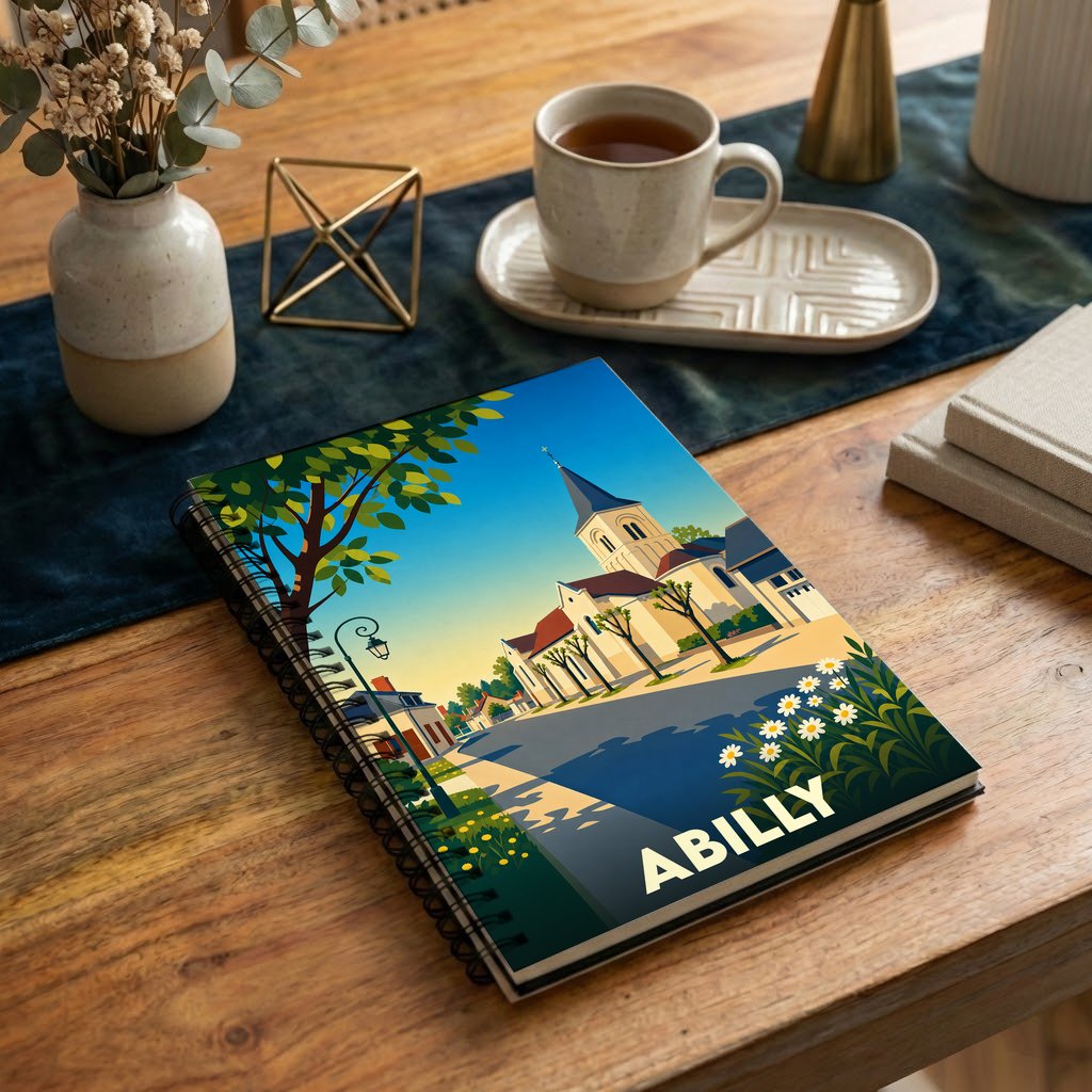 Carnet souvenir de la ville de Abilly avec une illustration stylisée.
