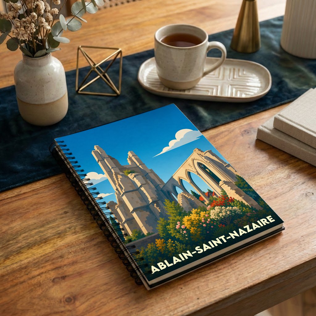 Carnet à spirales souvenir d'Ablain-Saint-Nazaire illustré par une vue stylisée des ruines de l'église.