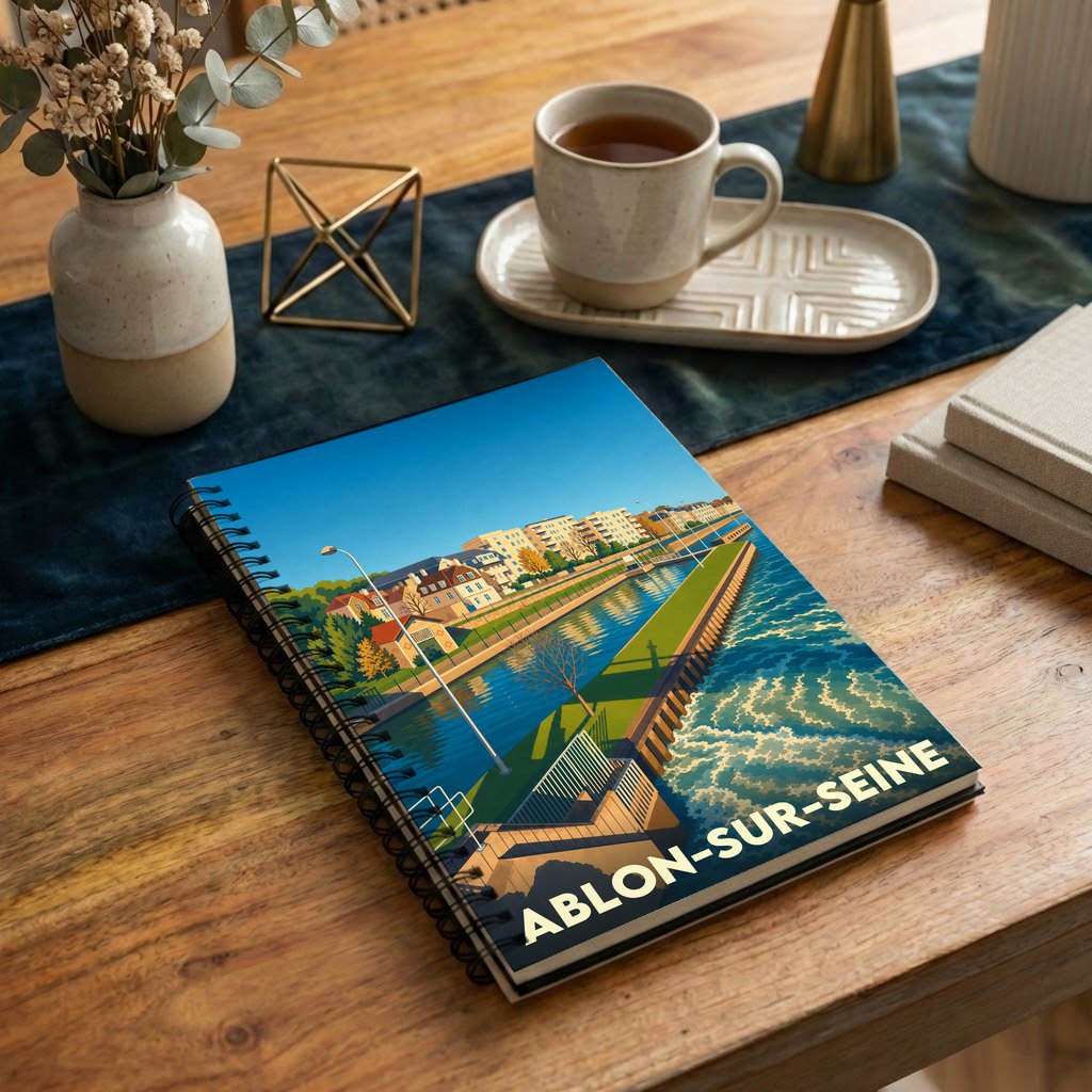 Carnet à spirales souvenir de la ville d'Ablon-sur-Seine avec une illustration stylisée des bords de Seine.