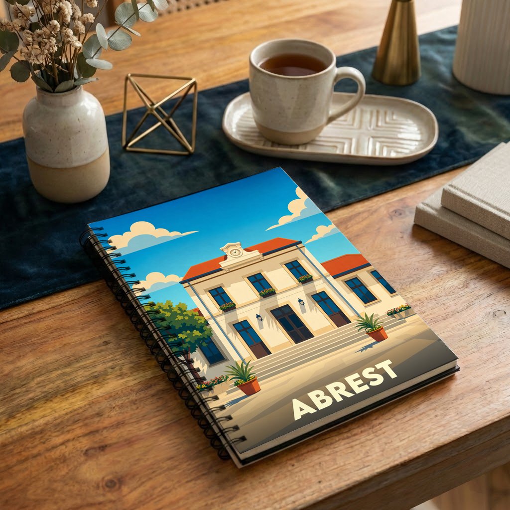 Carnet souvenir de la ville d'Abrest avec une illustration stylisée de sa mairie sous un ciel bleu.