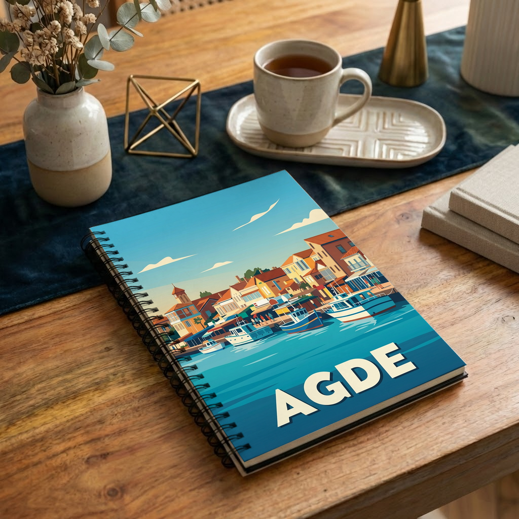 Carnet souvenir de la ville d'Agde avec une illustration stylisée de son port.