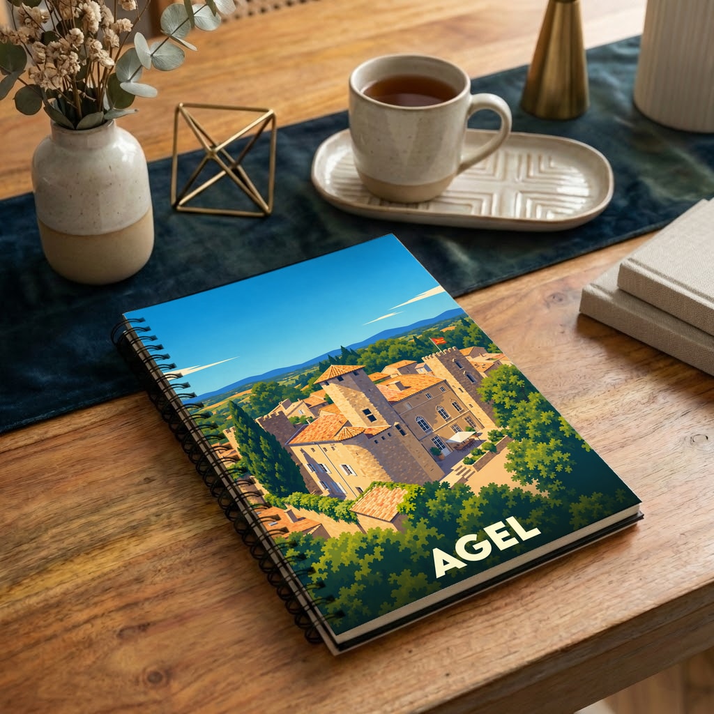 Carnet à spirales souvenir de la ville d'Agel avec une illustration stylisée de son château.